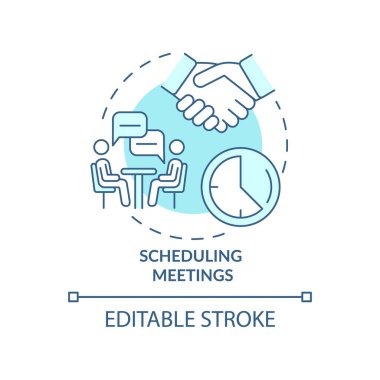 Scheduling meetings turquoise concept icon. Coordinate calendars abstract idea thin line illustration. Isolated outline drawing. Editable stroke. Roboto-Medium, Myriad Pro-Bold fonts used