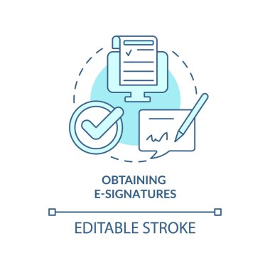 Obtaining e-signatures turquoise concept icon. Digitally signing document abstract idea thin line illustration. Isolated outline drawing. Editable stroke. Roboto-Medium, Myriad Pro-Bold fonts used