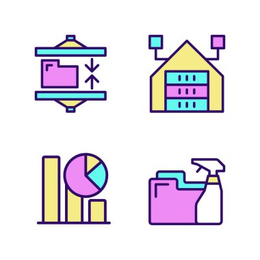 Data mining processes RGB color pixel perfect icons set. Extract, analyze and keeping information. Technology development. Isolated vector illustrations. Simple filled line drawings collection