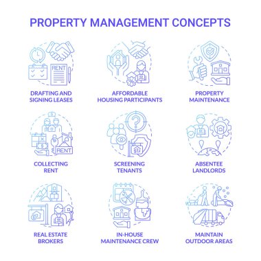 Property management blue gradient concept icons set. Real estate agency service idea thin line color illustrations. Isolated outline drawings. Roboto-Medium, Myriad Pro-Bold fonts used