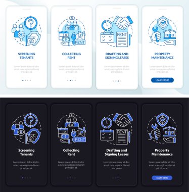 Property manager night and day mode onboarding mobile app screen. Works walkthrough 4 steps graphic instructions pages with linear concepts. UI, UX, GUI template. Myriad Pro-Bold, Regular fonts used