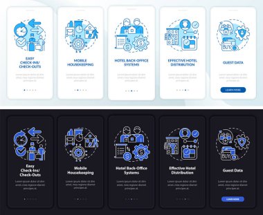Hotels PMS night and day mode onboarding mobile app screen. Tech walkthrough 5 steps graphic instructions pages with linear concepts. UI, UX, GUI template. Myriad Pro-Bold, Regular fonts used