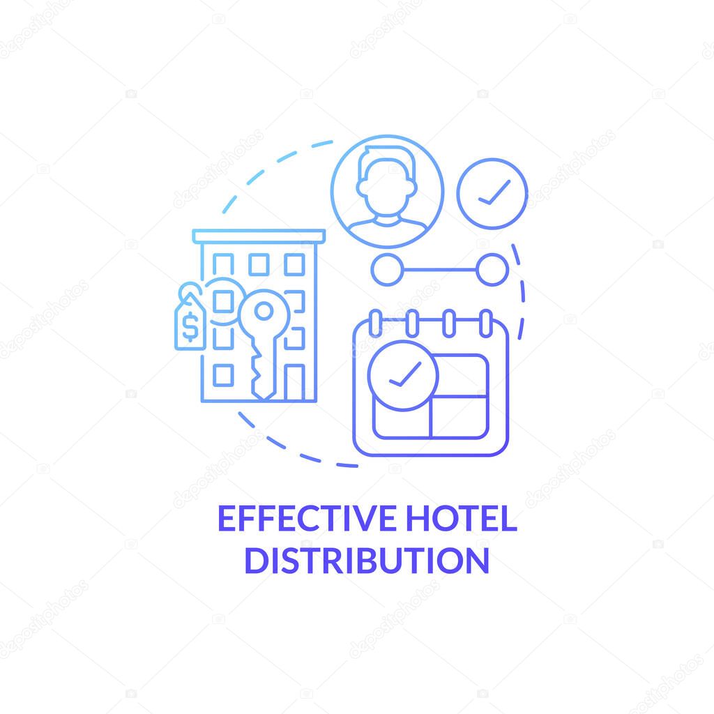 Effective hotel distribution blue gradient concept icon. Real estate management system abstract idea thin line illustration. Isolated outline drawing. Roboto-Medium, Myriad Pro-Bold fonts used