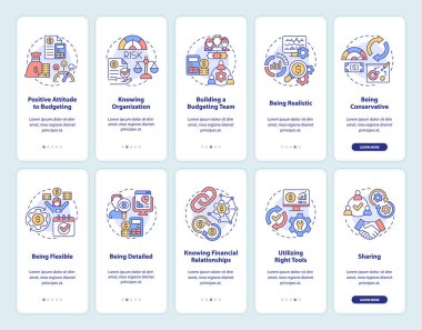 Financial business plan onboarding mobile app screen set. Walkthrough 5 steps graphic instructions pages with linear concepts. UI, UX, GUI template. Myriad Pro-Bold, Regular fonts used