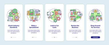 Budgeting for small business onboarding mobile app screen. Walkthrough 5 steps graphic instructions pages with linear concepts. UI, UX, GUI template. Myriad Pro-Bold, Regular fonts used