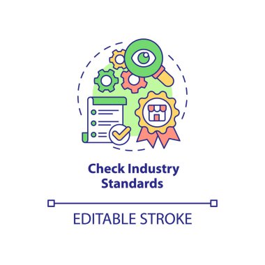 Check industry standards concept icon. Research and analyze. Financial plan abstract idea thin line illustration. Isolated outline drawing. Editable stroke. Roboto-Medium, Myriad Pro-Bold fonts use