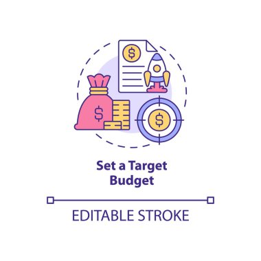 Set target budget concept icon. Expenditure and income. Startup budgeting abstract idea thin line illustration. Isolated outline drawing. Editable stroke. Roboto-Medium, Myriad Pro-Bold fonts use