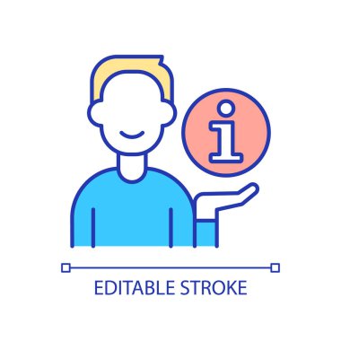 Danışman RGB renk simgesi. Bilgi sağlıyorum. Müşteri hizmetleri asistanı. Tavsiye mektubu veriyorum. İzole vektör çizimi. Basit bir çizgi çizimi. Düzenlenebilir felç. Kullanılan Arial yazı tipi