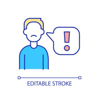 Discontent customer RGB color icon. Negative feedback. Unsatisfied purchaser. Bad opinion about service. Isolated vector illustration. Simple filled line drawing. Editable stroke. Arial font used