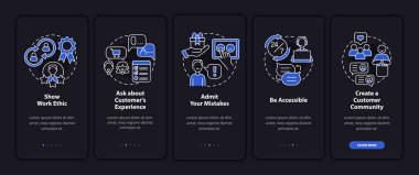 Customer service tips night mode onboarding mobile app screen. Walkthrough 5 steps graphic instructions pages with linear concepts. UI, UX, GUI template. Myriad Pro-Bold, Regular fonts used