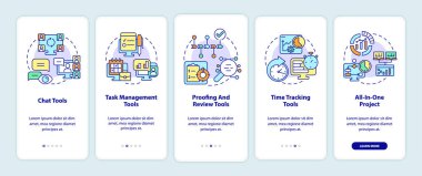 Business tools types onboarding mobile app screen. Chat and time tracking walkthrough 5 steps graphic instructions pages with linear concepts. UI, UX, GUI template. Myriad Pro-Bold, Regular fonts used