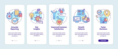 Business tools advantages onboarding mobile app screen. Key insights walkthrough 5 steps graphic instructions pages with linear concepts. UI, UX, GUI template. Myriad Pro-Bold, Regular fonts used
