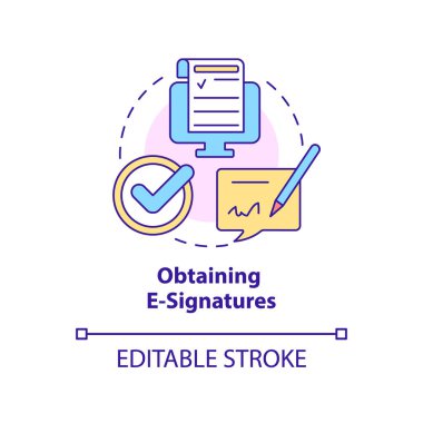 Obtaining e-signatures concept icon. Business program type abstract idea thin line illustration. Sign agreements. Isolated outline drawing. Editable stroke. Roboto-Medium, Myriad Pro-Bold fonts used