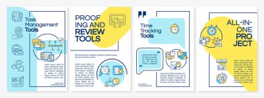 Business technology tools yellow and blue brochure template. Booklet print design with linear icons. Vector layouts for presentation, annual reports, ads. Arial-Black, Myriad Pro-Regular fonts used