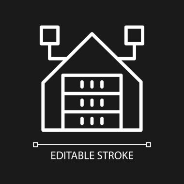 Virtual information warehousing white linear pixel perfect icon for dark theme. Thin line customizable illustration. Isolated vector contour symbol for night mode. Editable stroke. Arial font used