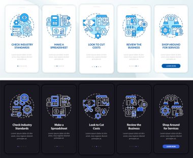 Small business budget night and day mode onboarding mobile app screen. Walkthrough 5 steps graphic instructions pages with linear concepts. UI, UX, GUI template. Myriad Pro-Bold, Regular fonts used