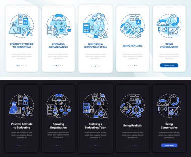 Budgeting night and day mode onboarding mobile app screen. Walkthrough 5 steps graphic instructions pages with linear concepts. UI, UX, GUI template. Myriad Pro-Bold, Regular fonts used