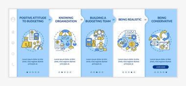 Company budgeting blue and white onboarding template. Financial project. Responsive mobile website with linear concept icons. Web page walkthrough 5 step screens. Lato-Bold, Regular fonts used