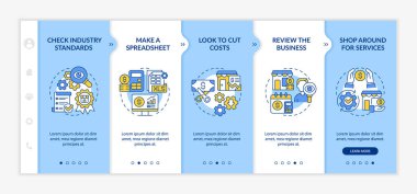 Budgeting for small business blue and white onboarding template. Responsive mobile website with linear concept icons. Web page walkthrough 5 step screens. Lato-Bold, Regular fonts used