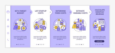 Startup budgeting purple and white onboarding template. Business plan. Responsive mobile website with linear concept icons. Web page walkthrough 5 step screens. Lato-Bold, Regular fonts used