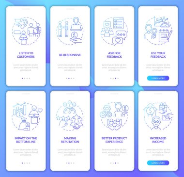 Good customer support blue gradient onboarding mobile app screen set. Walkthrough 5 steps graphic instructions pages with linear concepts. UI, UX, GUI template. Myriad Pro-Bold, Regular fonts used