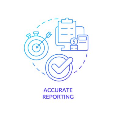 Accurate reporting blue gradient concept icon. Detailed statistics abstract idea thin line illustration. Results processing. Isolated outline drawing. Roboto-Medium, Myriad Pro-Bold fonts used