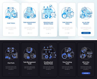 Business tools types night and day mode onboarding mobile app screen. Walkthrough 5 steps graphic instructions pages with linear concepts. UI, UX, GUI template. Myriad Pro-Bold, Regular fonts used