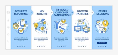 Importance of business tools blue and white onboarding template. Key insights. Responsive mobile website with linear concept icons. Web page walkthrough 5 step screens. Lato-Bold, Regular fonts used