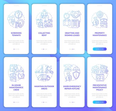 Property agency blue gradient onboarding mobile app screen set. Realty walkthrough 4 steps graphic instructions pages with linear concepts. UI, UX, GUI template. Myriad Pro-Bold, Regular fonts used