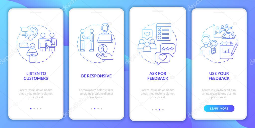 Client service blue gradient onboarding mobile app screen. Client help walkthrough 4 steps graphic instructions pages with linear concepts. UI, UX, GUI template. Myriad Pro-Bold, Regular fonts used