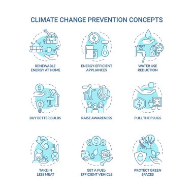 Climate change prevention turquoise concept icons set. Avoid global warming idea thin line color illustrations. Isolated outline drawings. Editable stroke. Roboto-Medium, Myriad Pro-Bold fonts use