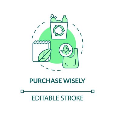 Purchase wisely green concept icon. Buy disposable bags. Minimize waste abstract idea thin line illustration. Isolated outline drawing. Editable stroke. Roboto-Medium, Myriad Pro-Bold fonts use clipart