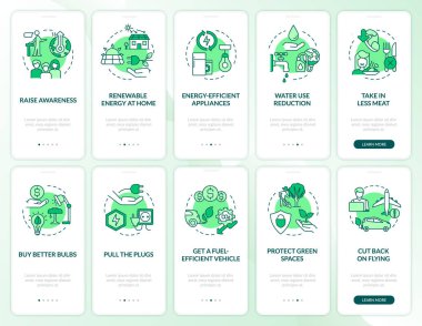 Climate change and global warming green onboarding mobile app screen set. Walkthrough 5 steps graphic instructions pages with linear concepts. UI, UX, GUI template. Myriad Pro-Bold, Regular fonts used