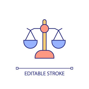 Balance RGB color icon. Justice and fairness metaphor. Trial and punishment symbol. Weight scales. Isolated vector illustration. Simple filled line drawing. Editable stroke. Arial font used