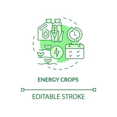 Energy crops green concept icon. Producing bioenergy abstract idea thin line illustration. Natural processes. Isolated outline drawing. Editable stroke. Roboto-Medium, Myriad Pro-Bold fonts used