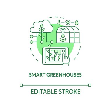 Smart greenhouses green concept icon. Monitoring plant health abstract idea thin line illustration. Isolated outline drawing. Editable stroke. Roboto-Medium, Myriad Pro-Bold fonts used