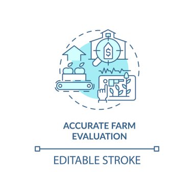 Accurate farm evaluation turquoise concept icon. Proper tracking production abstract idea thin line illustration. Isolated outline drawing. Editable stroke. Roboto-Medium, Myriad Pro-Bold fonts used