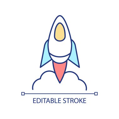 Boost startup RGB color icon. Rocket launching. Entrepreneurship. Space mission. Start new business. Isolated vector illustration. Simple filled line drawing. Editable stroke. Arial font used