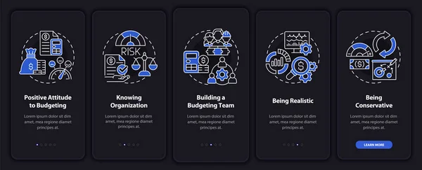 Budgeting Night Mode Onboarding Mobile App Screen Financial Plan Walkthrough — Vetor de Stock