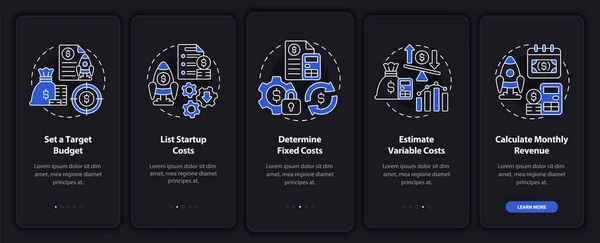 Startup Budgeting Night Mode Onboarding Mobile App Screen Walkthrough Steps — Stock Vector