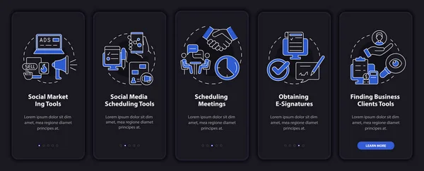 Marketing Tools Types Night Mode Onboarding Mobile App Screen Walkthrough — стоковый вектор