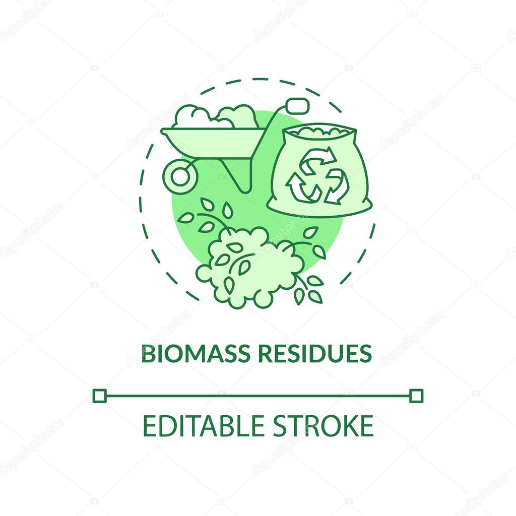 Biomass residues green concept icon. Energy source abstract idea thin line illustration. Organic components. Isolated outline drawing. Editable stroke. Roboto-Medium, Myriad Pro-Bold fonts used