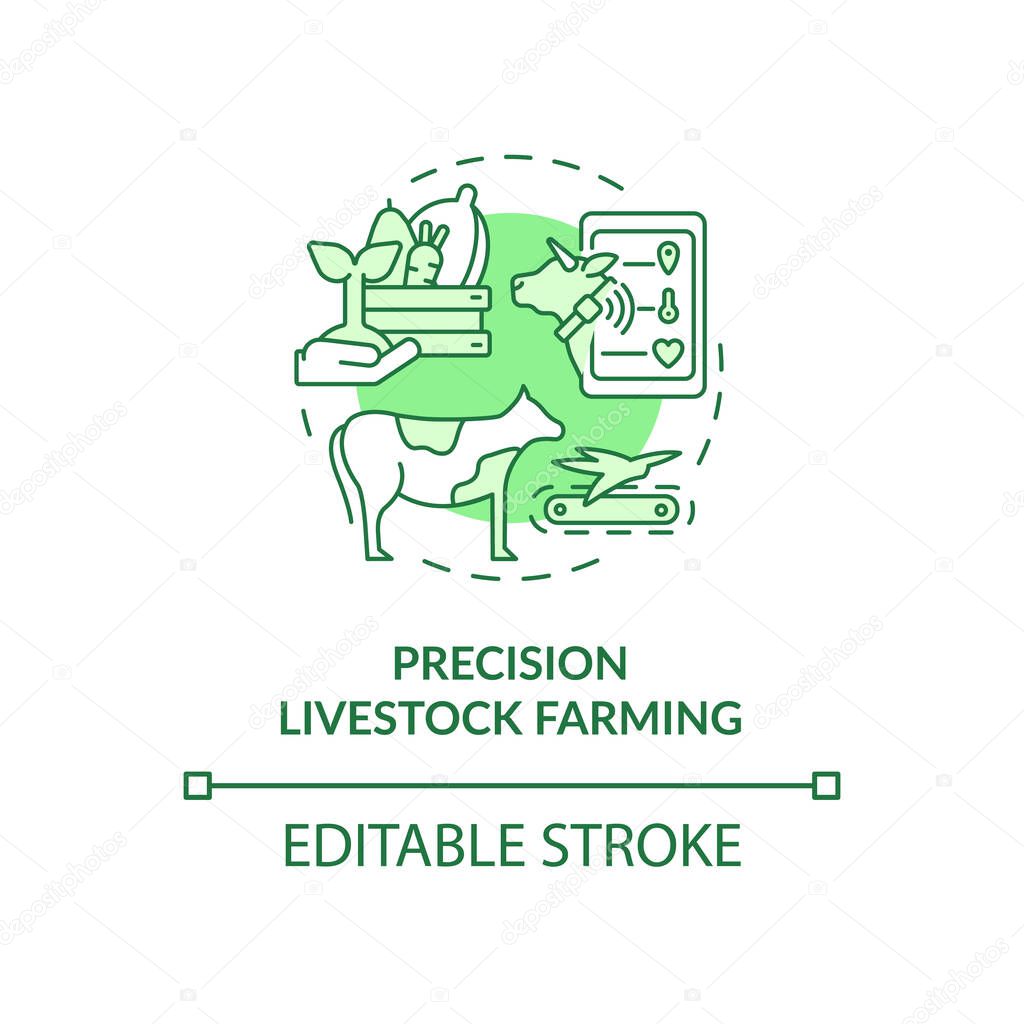 Precision livestock farming green concept icon. Improving animal wellbeing abstract idea thin line illustration. Isolated outline drawing. Editable stroke. Roboto-Medium, Myriad Pro-Bold fonts used