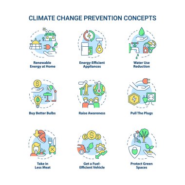 Climate change prevention concept icons set. Avoid global warming idea thin line color illustrations. Isolated outline drawings. Editable stroke. Roboto-Medium, Myriad Pro-Bold fonts use