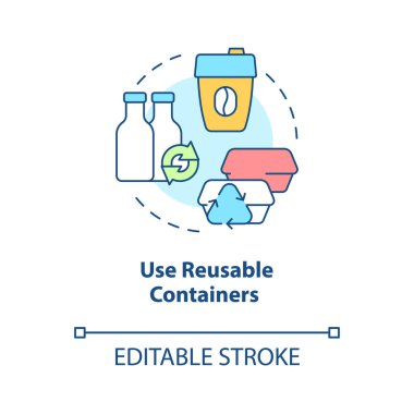 Use reusable containers concept icon. Bottles and cups. Minimize waste abstract idea thin line illustration. Isolated outline drawing. Editable stroke. Roboto-Medium, Myriad Pro-Bold fonts use