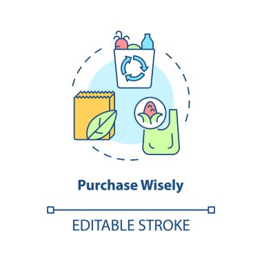 Purchase wisely concept icon. Buy disposable bags. Minimize waste abstract idea thin line illustration. Isolated outline drawing. Editable stroke. Roboto-Medium, Myriad Pro-Bold fonts use