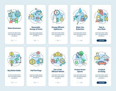 Climate change and global warming onboarding mobile app screen set. Walkthrough 5 steps graphic instructions pages with linear concepts. UI, UX, GUI template. Myriad Pro-Bold, Regular fonts used