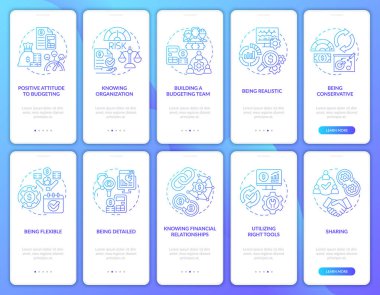 Financial business plan blue gradient onboarding mobile app screen set. Walkthrough 5 steps graphic instructions pages with linear concepts. UI, UX, GUI template. Myriad Pro-Bold, Regular fonts used