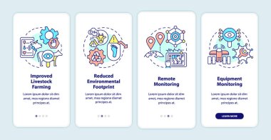 Smart agriculture benefits onboarding mobile app screen. Remote control walkthrough 4 steps graphic instructions pages with linear concepts. UI, UX, GUI template. Myriad Pro-Bold, Regular fonts used