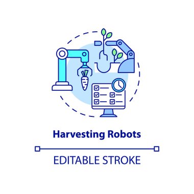 Harvesting robots concept icon. Innovative agricultural industry abstract idea thin line illustration. Isolated outline drawing. Editable stroke. Roboto-Medium, Myriad Pro-Bold fonts used
